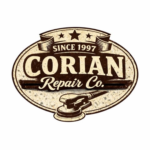 Vintage Corian Repair Co. logo established since 1997, featuring three stars and a sander tool in sepia tones